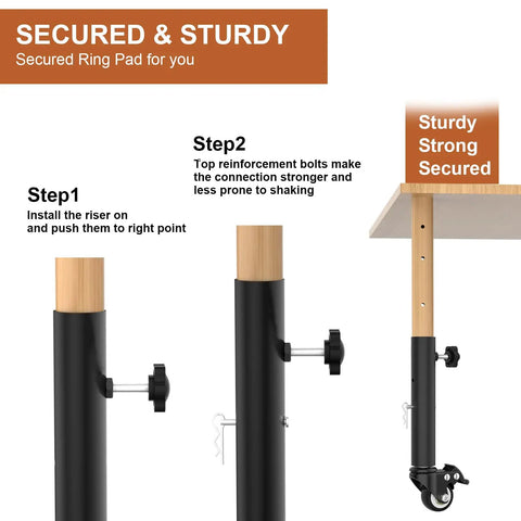 Heavy Duty 7 Inch Adjustable Metal Table Leg Extenders Featuring Smooth Rolling Locking Casters shown in installation steps with black and wood finish.