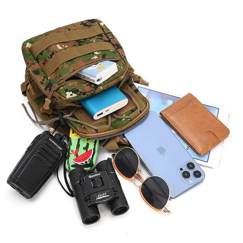 Waterproof Tactical Crossbody Backpack with MOLLE System Outdoor EDC Sling Chest Bag open with accessories spilling out