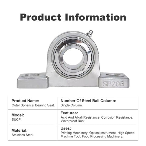 Baller Grade 304 Stainless Steel Pillow Block Bearing Single Shaft Spherical Roller Housing SUCP206 Vertical Seat Package viewed from front angle.