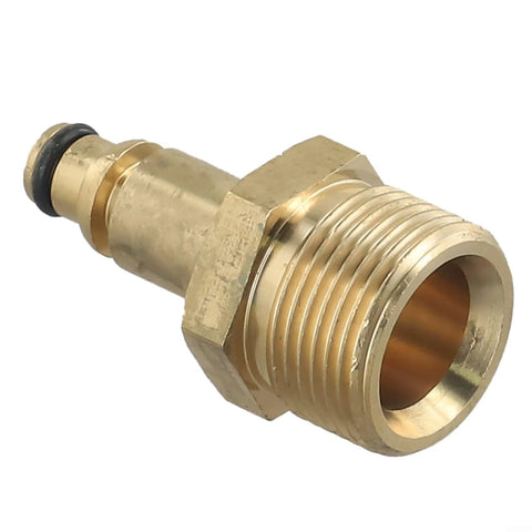 Brass M22 high-pressure washer hose adapter with O-ring, close-up view.
