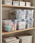 60 Quart Clear Plastic Storage Bins With Secure Latching Lids Heavy Duty Stackable Tote Containers For Home Organization on a shelf holding yarn, tools, and linens.