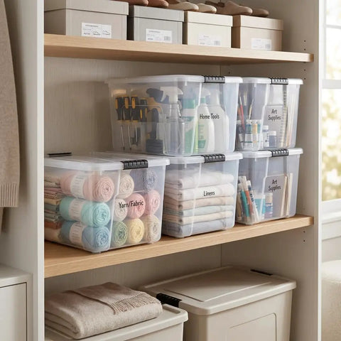 60 Quart Clear Plastic Storage Bins With Secure Latching Lids Heavy Duty Stackable Tote Containers For Home Organization on a shelf holding yarn, tools, and linens.