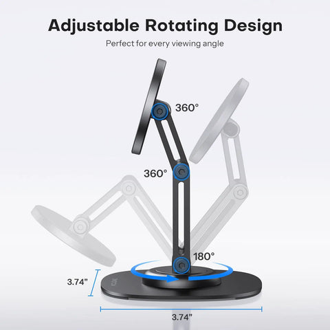 Side view of 360 Degree Rotating Magnetic Phone Stand For Desk With Adjustable Foldable Aluminum MagSafe Holder And Non Slip Base