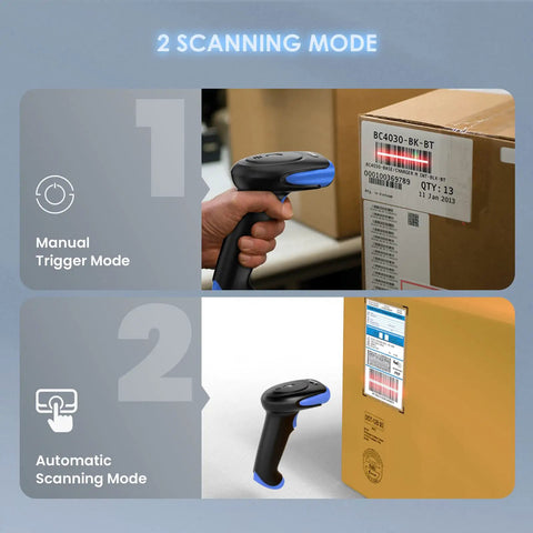 2D Bluetooth Barcode Scanner With 3 In 1 Connectivity Bluetooth 2.4G And USB Wired Handheld Cordless QR Reader for scanning boxes.