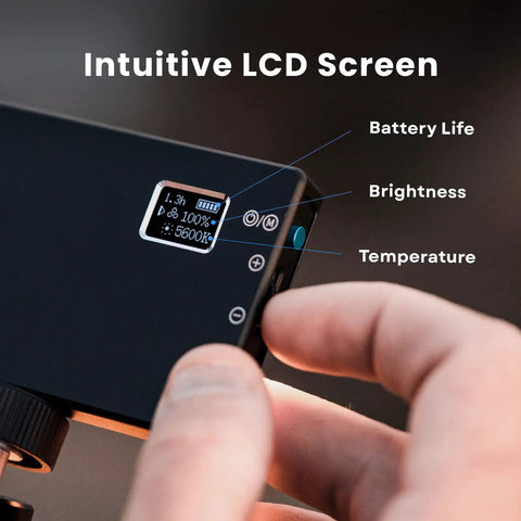 Product LCD display on Pocket Sized Pro Grade Bicolor Panel Mini LED Light For DSLRs showing battery, brightness, and temperature.