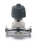 Stainless steel 1/2 inch tri-clamp diaphragm valve with black plastic knob and flanged ends