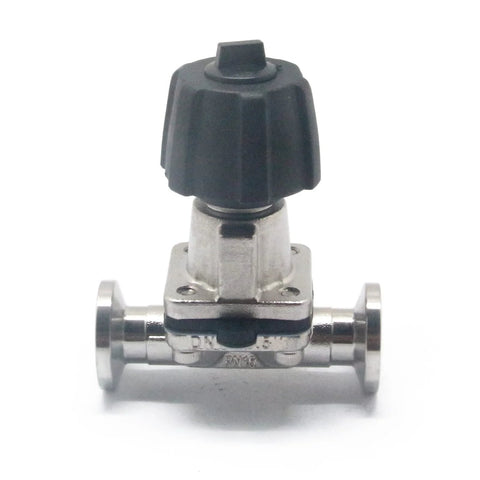 Stainless steel 1/2 inch tri-clamp diaphragm valve with black plastic knob and flanged ends