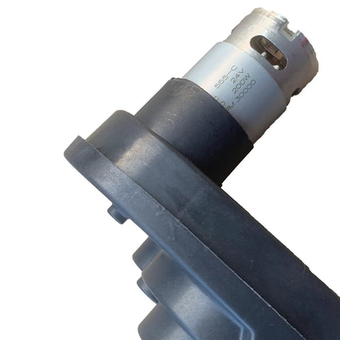 Close-up of Beefed Up Four Stage Gearbox Upgrade For Ride On Cars 24V 30000RPM High Torque Motor Gear Box with metal housing.