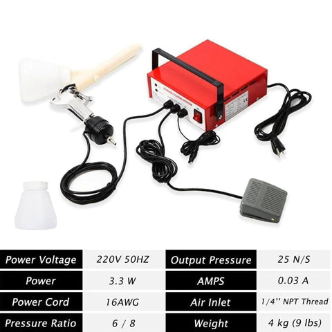 Ready Roll Slick Portable Electric Electrostatic Paint Spray Gun With Five Stage Kit showing the spray gun, foot switch, and power control unit.
