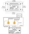 Dimensions and wiring diagram for WiFi Smart Wall Light Switch With Glass Panel, No Fuss 2.4GHz Remote Control, Black 1 Gang.