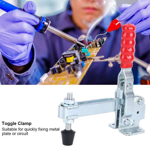 Quick Toggle Clamp For Metal Plate And Circuit Board Positioning Iron Welding Fixture Clamp With Plastic Handle 14 By 15 Cm Manual Holding Tool For Stable Machine Operation, red handle toggle clamp with adjustable screw on circuit board