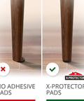 Comparison of chair legs: one with no adhesive pad, one with Non Slip Furniture Pads 8 Pack Premium 2 Inch Self Adhesive Rubber Feet Anti Skid Floor Protectors.
