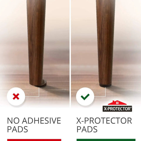 Comparison of chair legs: one with no adhesive pad, one with Non Slip Furniture Pads 8 Pack Premium 2 Inch Self Adhesive Rubber Feet Anti Skid Floor Protectors.