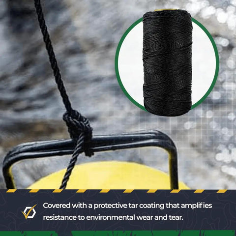Tarred Nylon Bank Line Twine For Bushcraft And Outdoor Projects, black twine on yellow background, close-up view