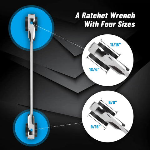 4 In 1 Reversible Ratchet Wrench Set 8 To 19 mm With 72 Tooth Precision Gear In CRV Steel, four sizes illustrated on diagram.