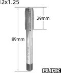 M12 X 1.25 Tap And Die Set Right Hand For Precision Metalworking, showing straight fluted tap with measurements