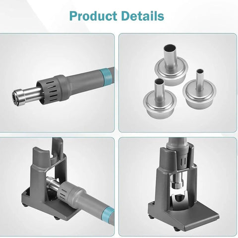 Detail view of 1000W Hot Air Soldering Station with three nozzles and stand, featuring digital display and auto sleep mode.