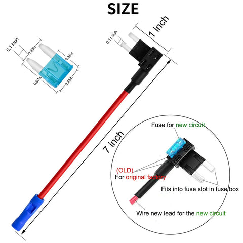 Diagram of Mini Add A Circuit Fuse Tap Kit 12V 5 Pack With Blade Fuse Holders and 15A Mini ATM Fuses, showing dimensions and installation.