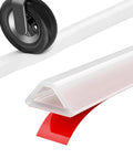 Self Adhesive Silicone Shower Threshold Water Dam Collapsible Flood Barrier For Curbless Walk In Bathrooms Straight Up Keeps Floors Bone Dry And Kills Splash Back Clean Quick, showing flexible silicone with red adhesive strip.