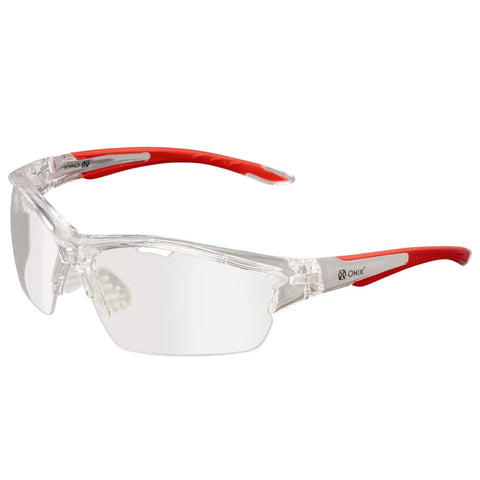 Protective Eyewear For Pickleball Players With Lightweight Game Ready Impact Resistant Frame Anti Fog And Anti Scratch Lenses 99 Percent UV Shield Includes Clear Smoke And Blue Tint Lenses Soft Non Slip Nose Pads For Secure Fit featuring red and clear design