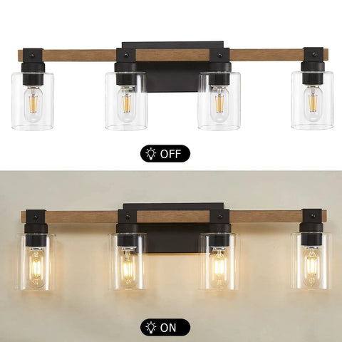 4 Light Farmhouse Bathroom Vanity Light Fixtures With Antique Wood Finish And Clear Glass Shades Over Mirror Ideal For Bedroom Hallway