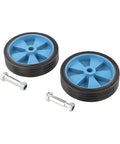 Wicked Smooth Five Inch Caster Wheels For Air Compressor Silent Shockproof Replacement Casters For Workshop And Pneumatic Tools Dead Simple Swap includes two blue and black wheels with mounting hardware.