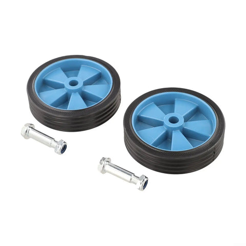 Wicked Smooth Five Inch Caster Wheels For Air Compressor Silent Shockproof Replacement Casters For Workshop And Pneumatic Tools Dead Simple Swap includes two blue and black wheels with mounting hardware.