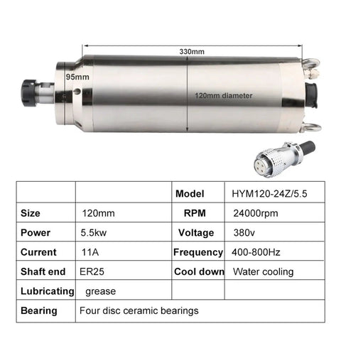 Diagram of Beefy 5.5kW Water Cooled CNC Spindle Motor For Metal Engraving with detailed measurements and specifications.