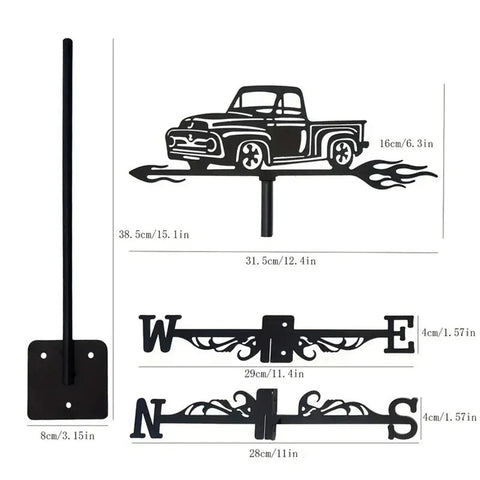 Black Metal Pickup Truck Weathervane Ornament For Outdoor Yard Decor Wind Direction Indicator, iron craft, 15.1 inch rod