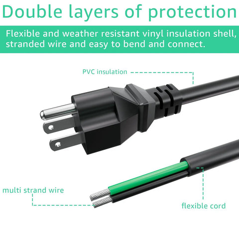Heavy Duty 6 Foot 12 Gauge 3 Prong Replacement Power Cord Cable 110V 120V 15 Amp Plug For Appliances Power Tools And Dishwashers 12 AWG 3 Conductor Wire Pigtail close-up view showing plug and insulation.