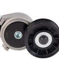Heavy Duty Serpentine Drive Belt Tensioner And Accessory Belt Kit Keeps Your Ride Smooth Saving Money On Repair Costs By Fixing Weird Noise At Home Avoiding Mechanic Bills Ensures Safety On Roads And Highway Trips. black metal tensioner pulley
