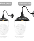 Black Gooseneck Barn Light With 10 Inch Dome Exterior Wall Mount Lamp For Farmhouse Garage Porch Patio Outdoor Sconce Matte Black Durable Weatherproof Finish, Industrial Vibe, Perfect For Rustic Homes shown with size comparison to a 9.685 inch basketball.