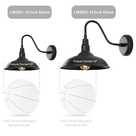 Comparison of 10-inch and 14-inch Gooseneck Barn Lights Black Exterior Wall Mount Sconce Set, showing dome sizes beside basketball.