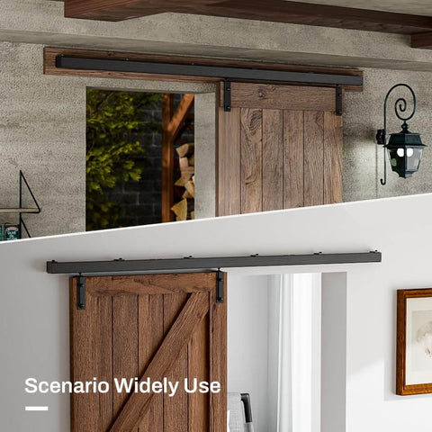 Beefy Heavy Duty Box Rail Sliding Barn Door Track Kit Aluminum Alloy Wall Mount For A Single Door Up To 36 Inches Wide installed indoors.