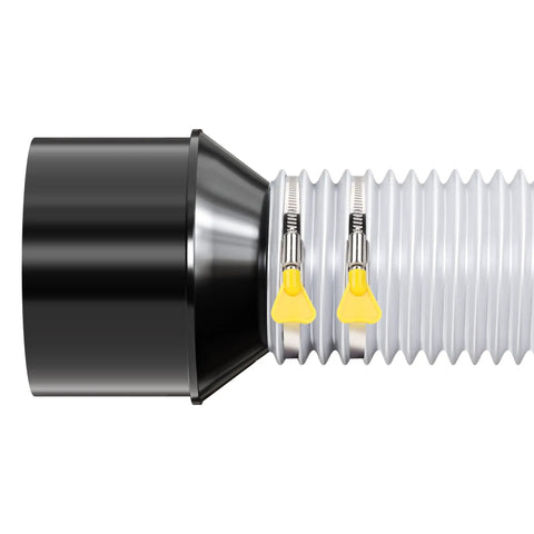 Close-up of Clear 4 Inch PVC Dust Collection Hose 10 Feet Vacuum Hose For Woodworking with connectors and clamps.
