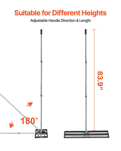 Roller Lawn Leveling Rake With 83.9 Inch Adjustable Handle, showing height and angle adjustability, 36 Inch by 10 Inch base