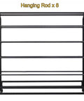 Rock Solid Heavy Duty Fabric Roll Storage Rack With Adjustable Hanging Rod and Smooth Rolling Locking Wheels for Vinyl Tablecloths and Textile Garage Workspace Organization System, black metal frame with eight rods.