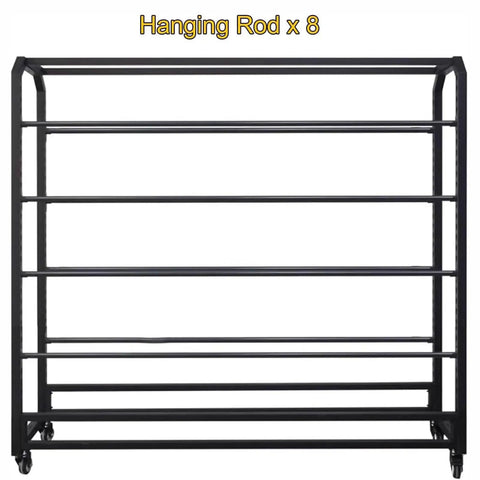 Rock Solid Heavy Duty Fabric Roll Storage Rack With Adjustable Hanging Rod and Smooth Rolling Locking Wheels for Vinyl Tablecloths and Textile Garage Workspace Organization System, black metal frame with eight rods.