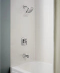 Conway Chrome Posi-Temp Shower Trim Set with square showerhead, lever handle, and tub spout in satin chrome finish installed in bathroom