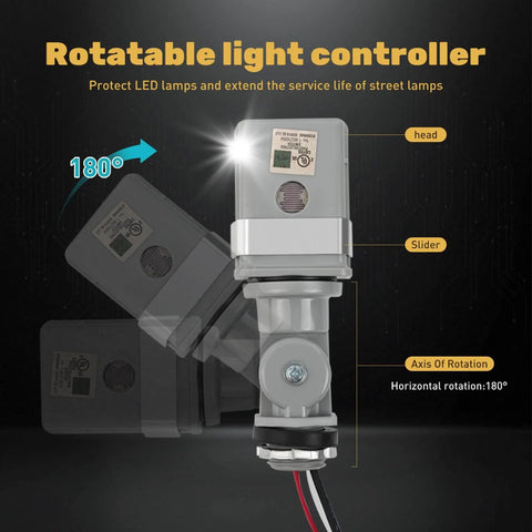 Dusk To Dawn Photocell Sensor for Outdoor Lighting 2 Pack with rotatable axis, shown in an adjustable installation view