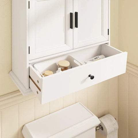 Over The Toilet Bathroom Wall Cabinet With Drawer And Adjustable Shelves Floating Medicine Cabinet Organizer For Small Bathrooms Dual Doors White And Brown Space Saver Storage Easy To Install installed above toilet