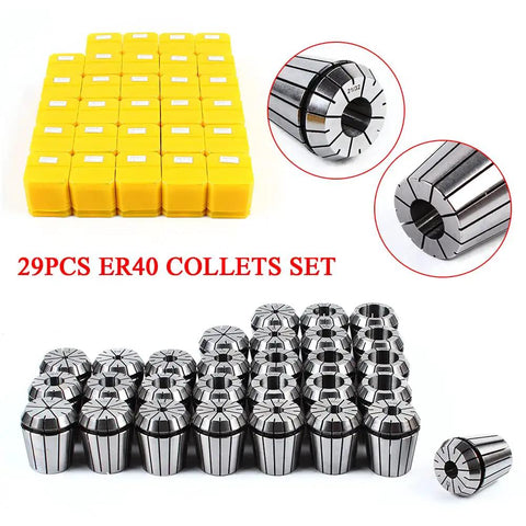 Super Duper 29Pcs ER40 Industrial Precision Spring Collet Set For CNC Milling Lathe Tool with yellow storage boxes and steel collets.