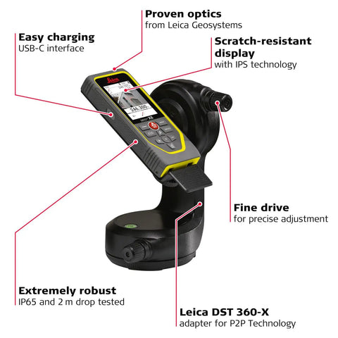 DISTO X6 P2P Laser Range Finder Kit With 800 Ft Reach Point To Point Measuring Bluetooth Data Transfer Outdoor Camera Viewfinder 4X Zoom All-In-One Kit Case Tripod DST360X Adapter IP65 Weatherproof Rotating Display Hand Loop Pouch showing Leica DST 360-X adapter