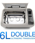 Top Shelf Ultrasonic Vinyl Cleaner Featuring Digital Controls And Stainless Steel Basin with two holes, 6L capacity.