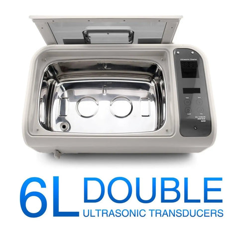 Top Shelf Ultrasonic Vinyl Cleaner Featuring Digital Controls And Stainless Steel Basin with two holes, 6L capacity.