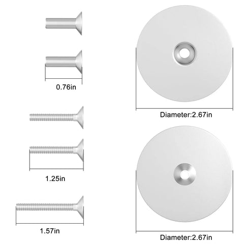 Diagram of Super Easy DIY Friendly Door Hole Cover Plate Kit, showing silver plates and screws with measurements.