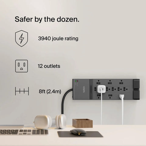 Dope 12 Outlet Surge Protector Power Strip With 8 Foot Flat Plug For Home Office Travel UL Listed Heavy Duty Extension Cord 3940 Joules Of Protection And Charge Multiple Devices At Once