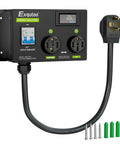 Four Prong NEMA 14 50R Dryer Splitter With Breaker 240V Auto Switch For Smart Charging Management That Puts Left Side First And Auto Rebalances Power For EVs And Home Dryers, black wall-mounted unit with LCD and cable