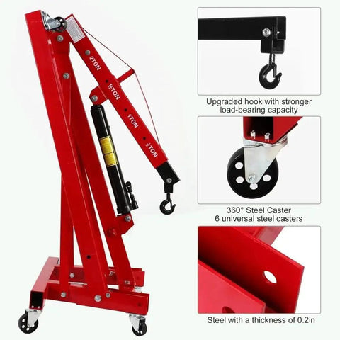 Heavy Duty 2 Ton Engine Hoist Folding Cherry Picker Shop Crane With Hydraulic Tilt Boom and robust outriggers, showing upgraded hook and 360 degree caster.