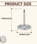 Product size dimensions of Badass 100 Piece Heavy Duty Flat Head Thumb Tacks With A Sharp Silver Finish and a Nifty Storage Canister.